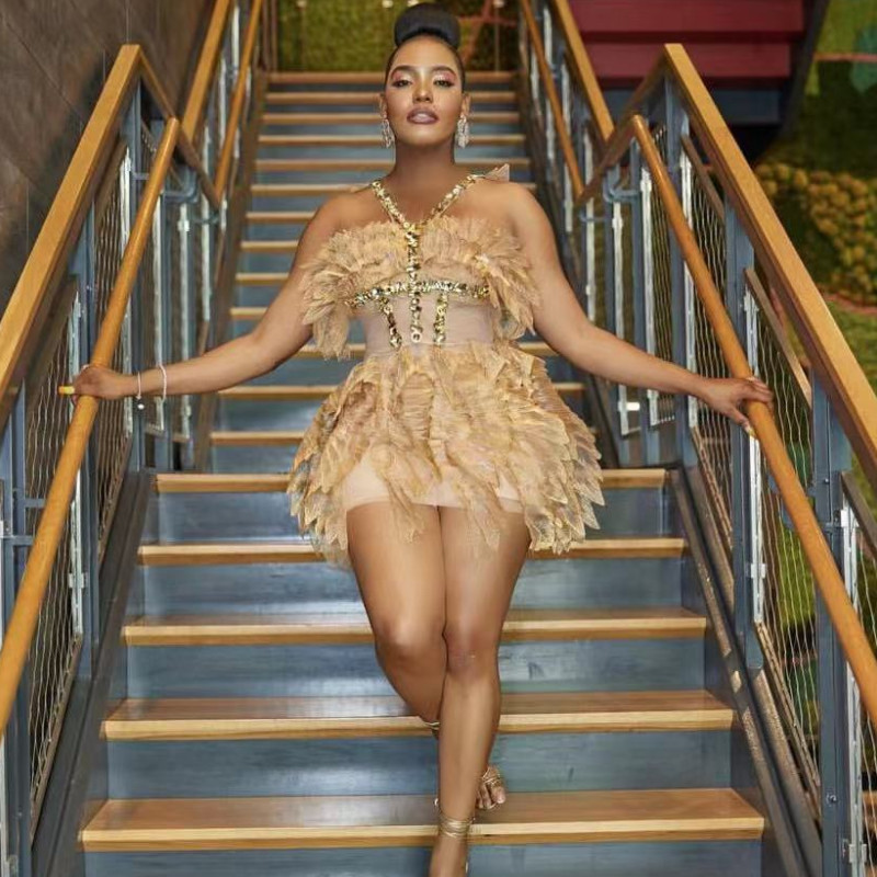 Off-shoulder Halter Gold Tight Short Skirt Nightclub Female Singer Stage Costume