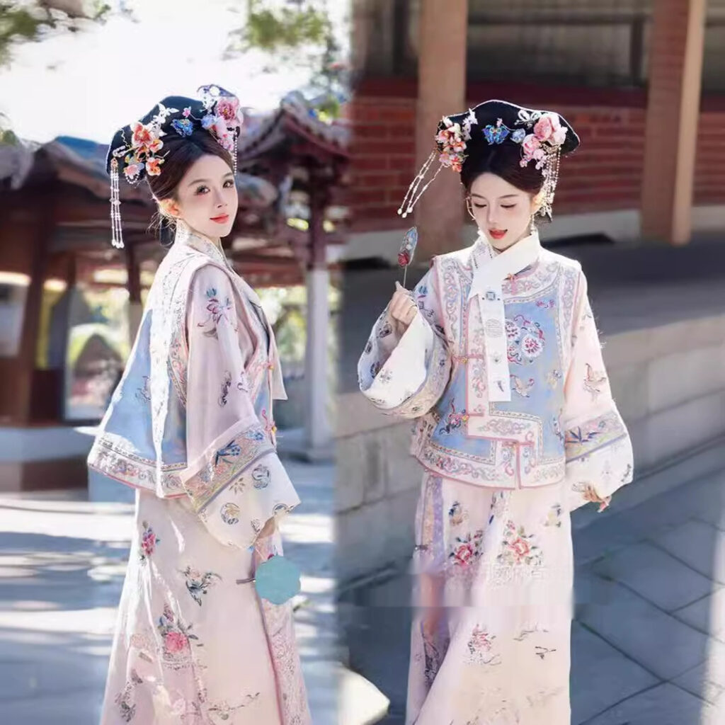 Women's Han Chinese Clothing Qing Dynasty Printed Ancient Costume Qing Dynasty Yanji Princess Cheongsam Court Princess Dress Two-piece Set
