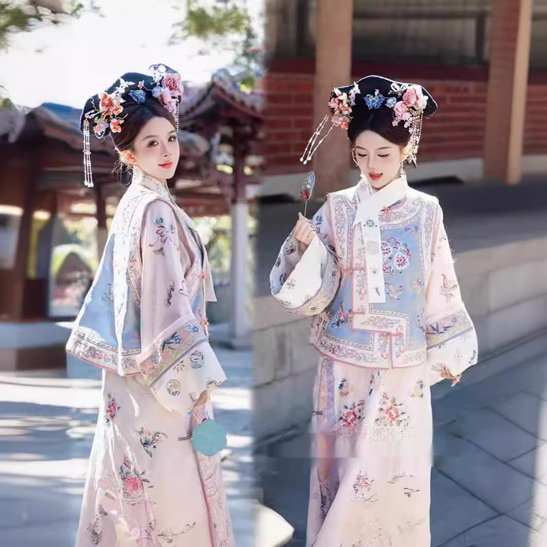 Women's Han Chinese Clothing Qing Dynasty Printed Ancient Costume Qing Dynasty Yanji Princess Cheongsam Court Princess Dress Two-piece Set