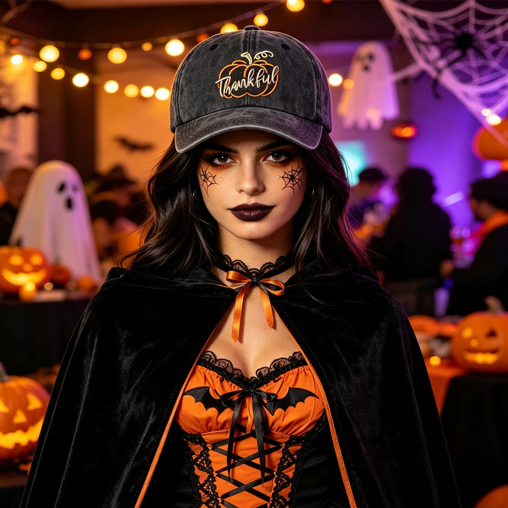 2pcs Thankful Pumpkin Embroidered Baseball Cap, Vintage Washed Black Hat, Halloween  Costume Accessory
