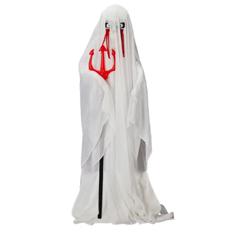 4.3ft Halloween Decorations Outdoor Life Size Animatronics Ghost With Trident, Sound-Actived Party Decor With Green Lights And Creepy Sound, Scary Haunted House Props For Garden Yard Lawn