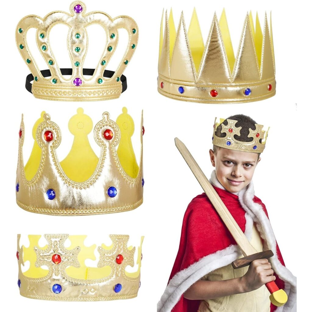 4-piece King's Crown, Gold, King's Crown, Queen's Crown, Queen's Crown, Medieval Crown For Adults, King's Costume, King's Cape, Carnival, Theme Party, Cosplay, Halloween Costume, Diameter 19 Cm
