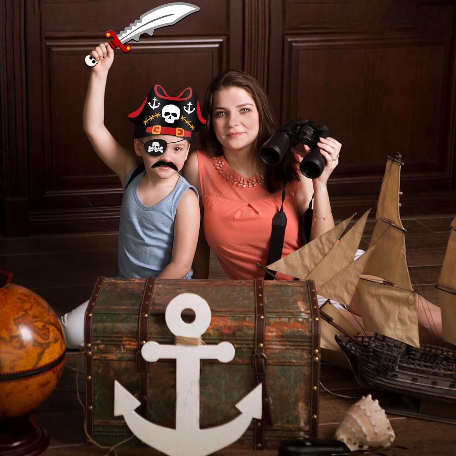 Pirate Hat Craft Kit, Large Pirate Costume Set With 6 Hats, 6 Beards, 6 Eye Patches, 6 Wooden Swords & Rubber Bands, DIY Party Supplies For Carnival—Party Supplies Set - Image 2