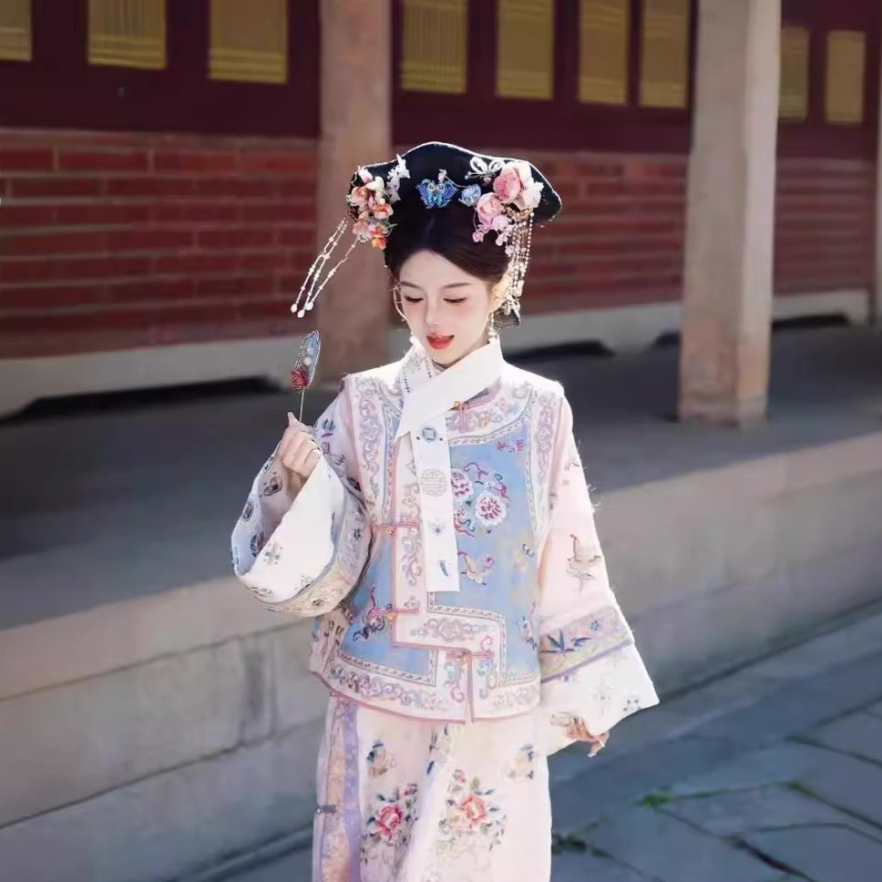 Women's Han Chinese Clothing Qing Dynasty Printed Ancient Costume Qing Dynasty Yanji Princess Cheongsam Court Princess Dress Two-piece Set - Image 3