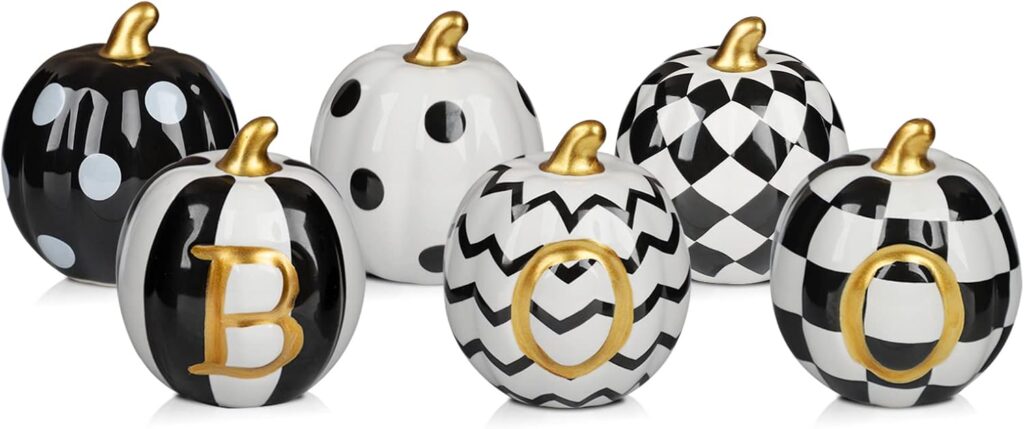 Set Of 6 Ceramic Halloween Pumpkins, Decorative Pumpkin Figurines For Indoor Home, Tabletop, Shelf, Mantel & Seasonal Decor