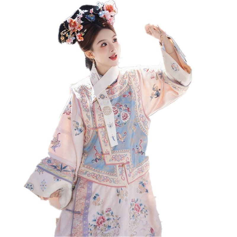 Women's Han Chinese Clothing Qing Dynasty Printed Ancient Costume Qing Dynasty Yanji Princess Cheongsam Court Princess Dress Two-piece Set - Image 5