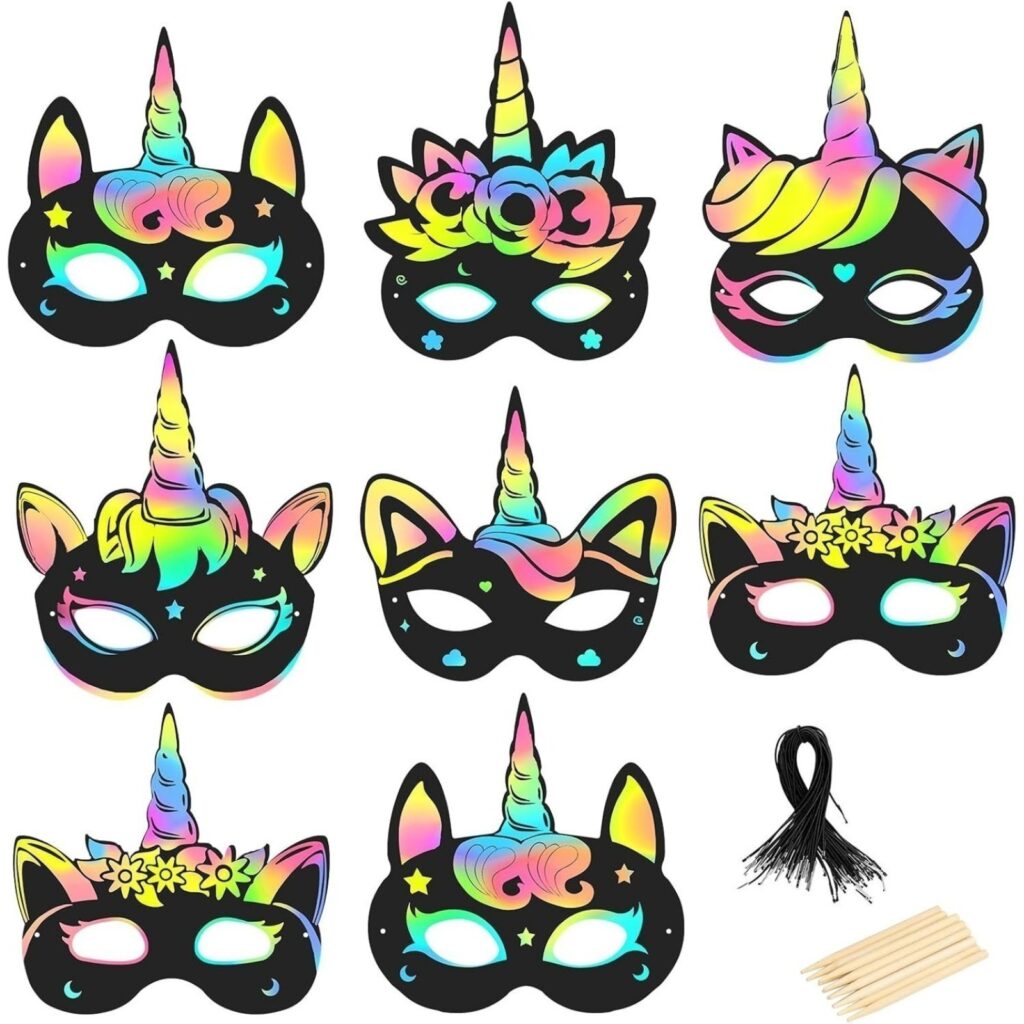 24 Unicorn Masks DIY Mask Unicorn Party Mask Scratch-Off Paper Rainbow Scratch-Off Craft Gift Birthday Carnival Halloween Unicorn Role-Playing Party Photo Booth Props
