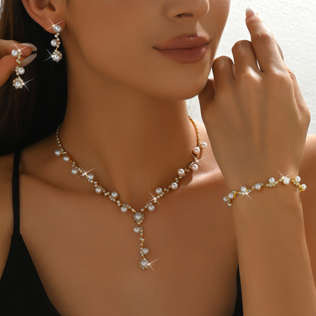 Women 3 Pcs Rhinestone Pearl Jewelry Set,Choker Necklace Dangle Earrings Bracelet,Elegant Costume Accessories For Dinner Party Evening Dress Occasion