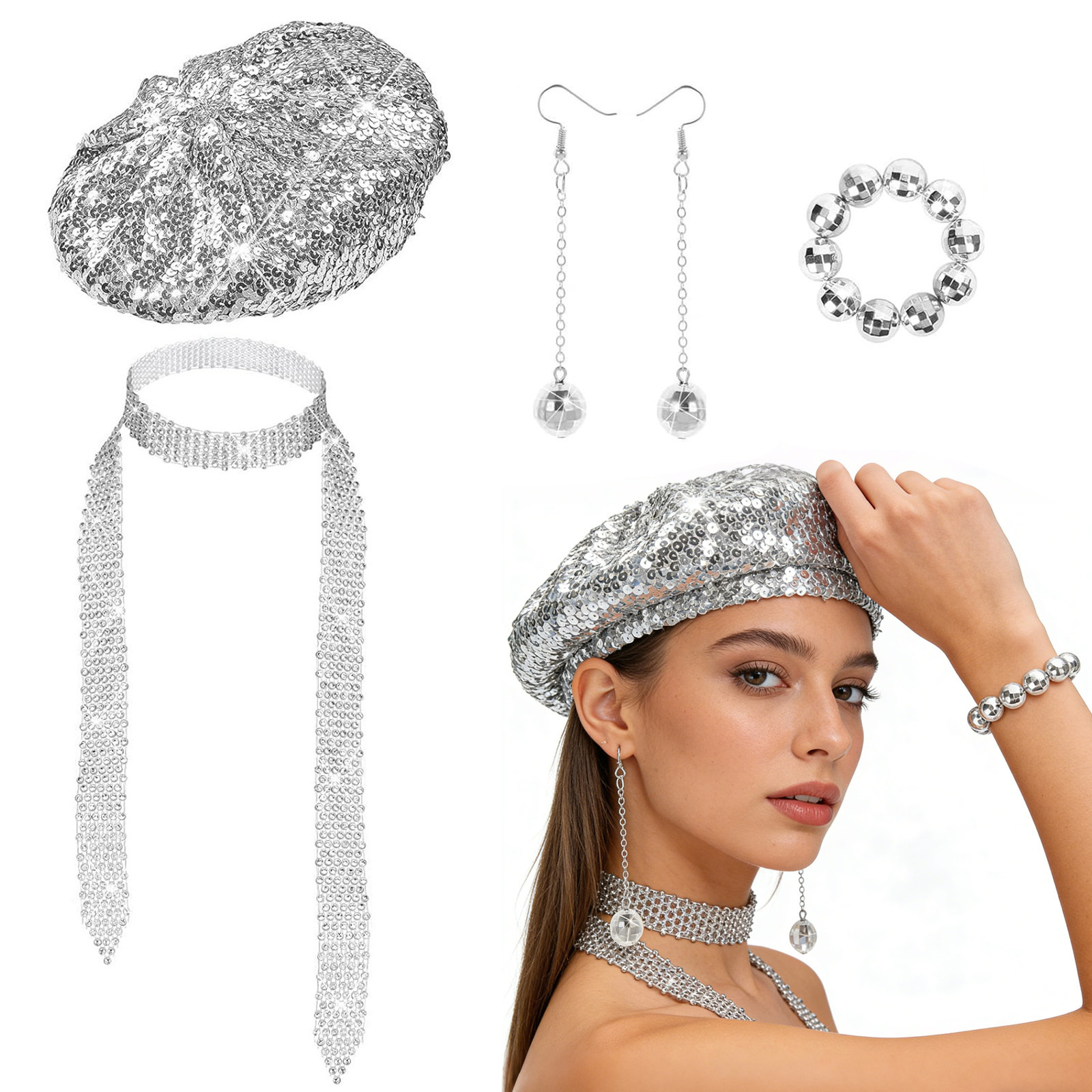 Disco Hat Costume Set, '70s Party Hat + Accessories, Sparkling Retro Set For Theme Parties And Carnival Party Accessories Set