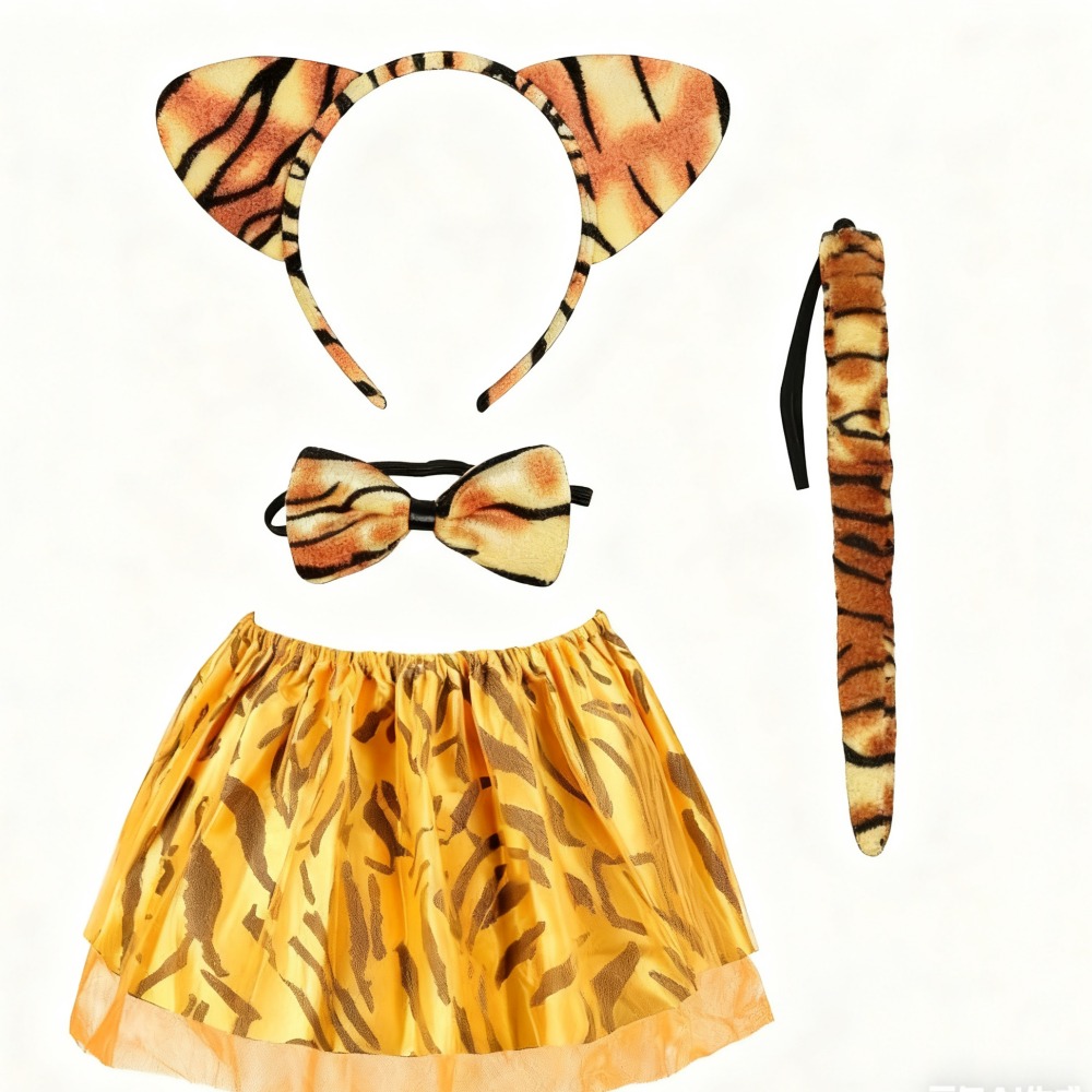 4-piece Set From An Essential Tiger Costume For Themed Parties (headpiece, Striped Skirt, Tail, Bow Tie). Perfect For Carnival, Halloween, Costume Parties, Birthdays, And Themed Events.