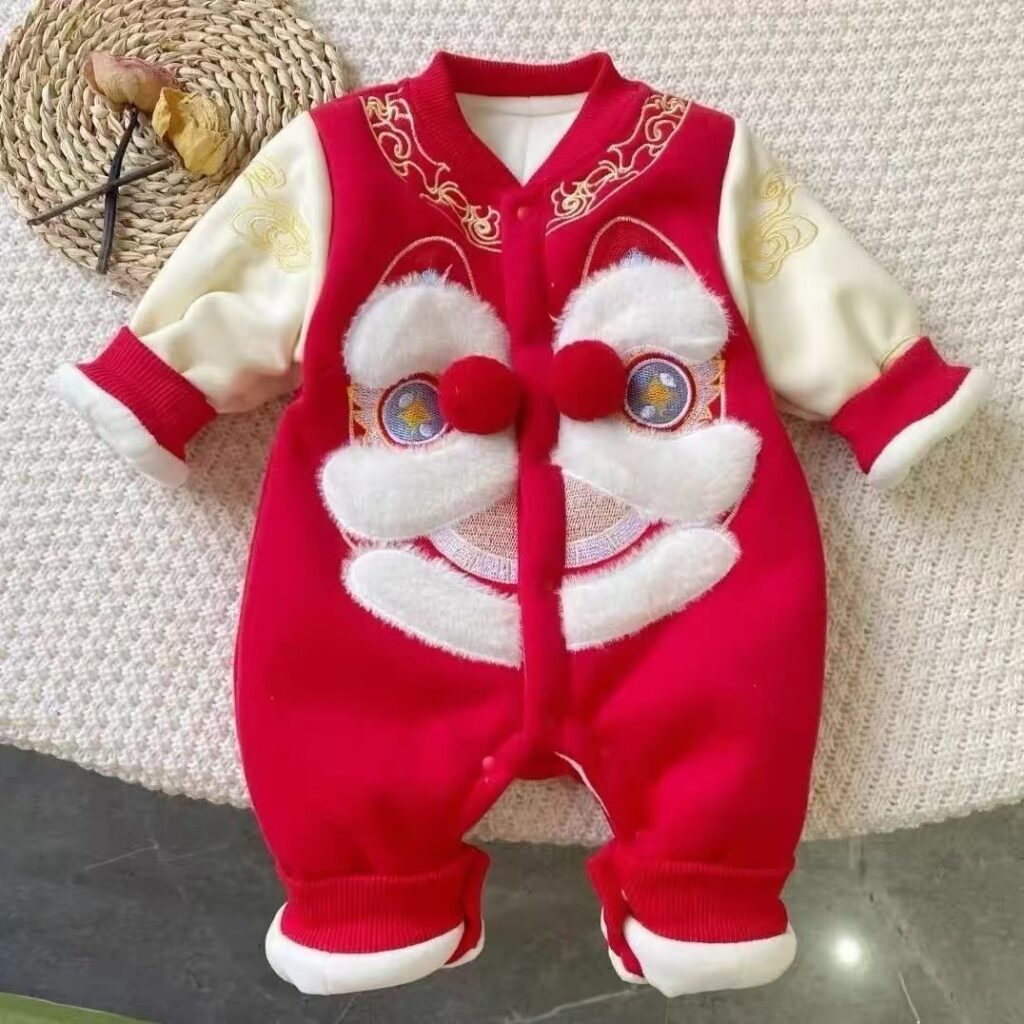 Red Embroidered Lion Dance Costume With Velvet And Cotton