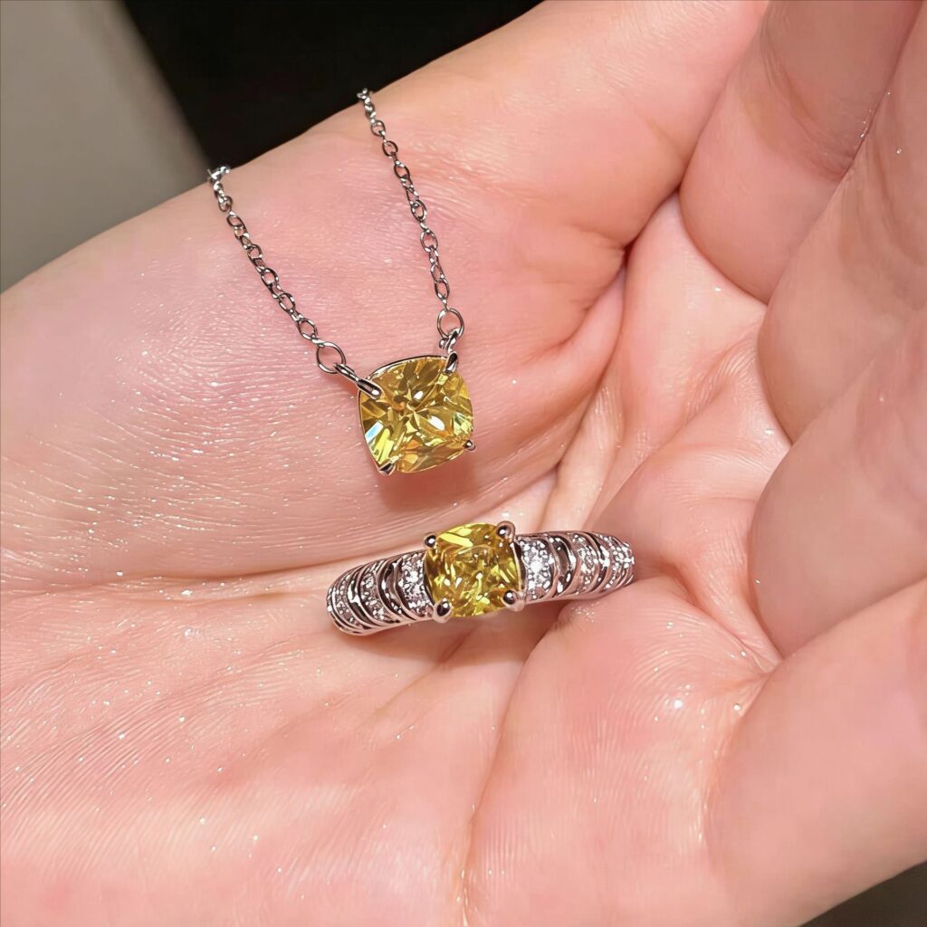 Women Princess Cut Yellow Rhinestone Jewelry Set,Choker Necklace And Open Ring,Fashion Costume Accessories For Daily Party Occasion