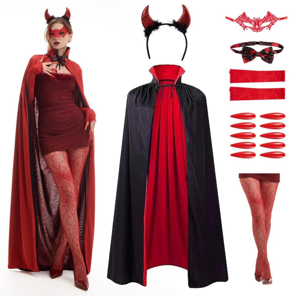 7-Piece Women's Devil Costume, Deluxe Women's Costume, Spooky Devil Cape Set With Premium Accessories For Women, Theme Parties