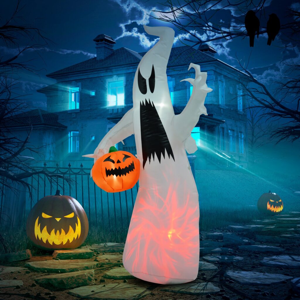 5.9 Halloween LED Yard Decor Ghost with Pumpkin, Blow Up Inflatable Outdoor Decoration, Waterproof