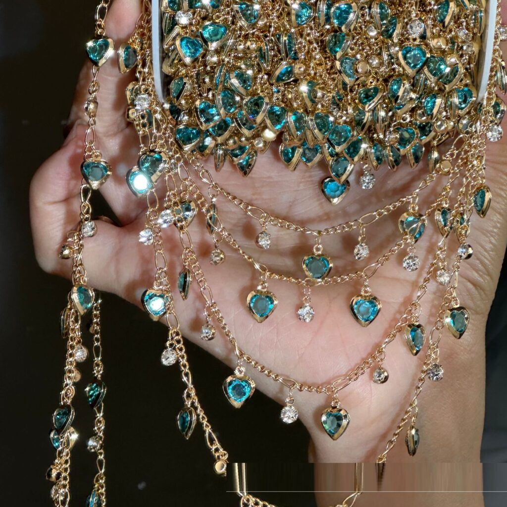DIY Chain Blue Heart Peach Heart Rhinestone High Color Retention Chain Handmade Braiding Performance Costume Material Necklace