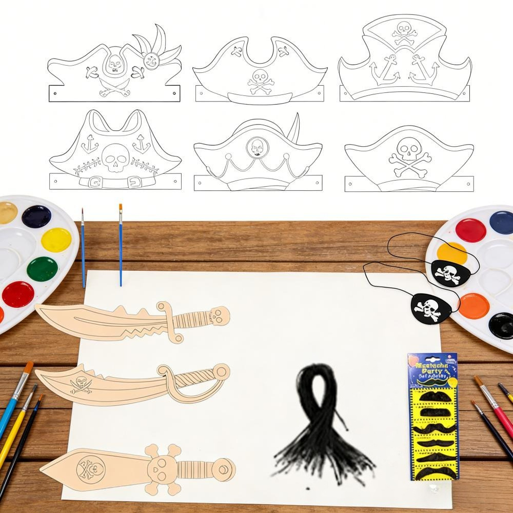 Pirate Hat Craft Kit, Large Pirate Costume Set With 6 Hats, 6 Beards, 6 Eye Patches, 6 Wooden Swords & Rubber Bands, DIY Party Supplies For Carnival—Party Supplies Set