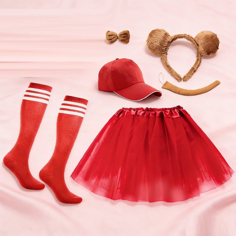 Red Character Costume Set | 6-Piece Outfit With Headband & Accessories | For Cosplayers, Carnival, And Theme Parties—Party Accessory Set