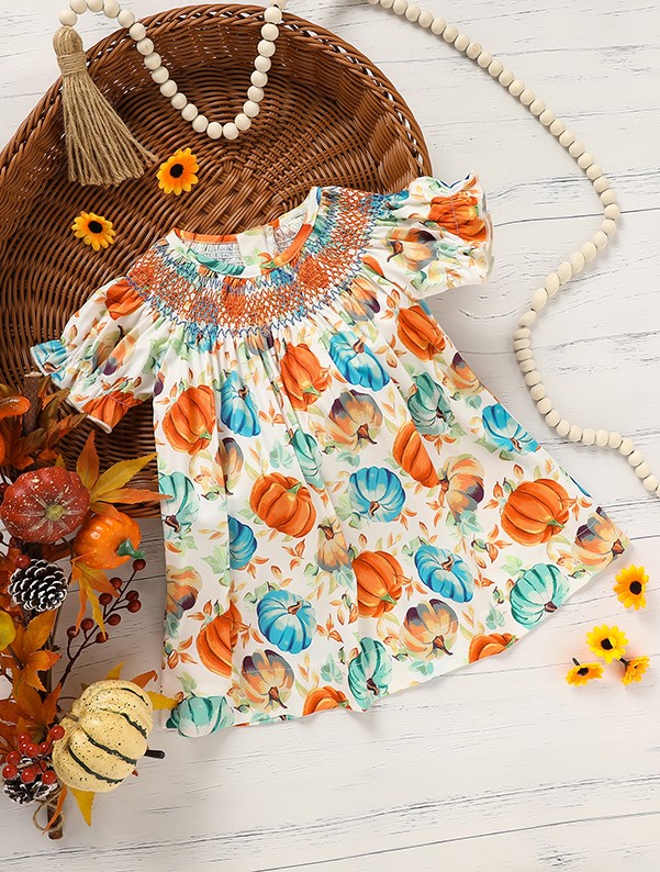 Toddler Baby Girl Pumpkin Smocked Dress Fall Thanksgiving Halloween Embroidered Princess Party Dresses Kids Fall Outfits Clothes