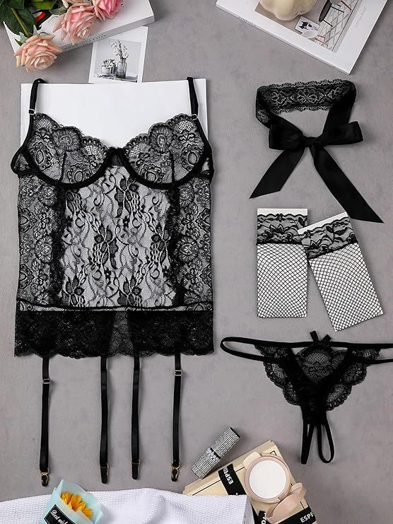Sexy Lingerie Extreme Cosplay 4 Piece Lace Babydoll Sheer Lingerie Cosplay Etching Erotic Lingerie Fancy Dress Costume Thong Thong Stockings Black Lace Eye Mask Etching - Image 4