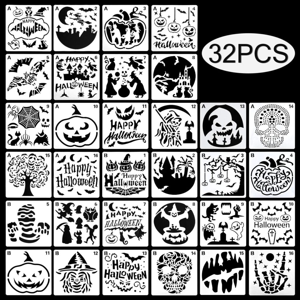 32 Pcs Halloween Painting Stencils Reusable Halloween Template Pumpkin Witch Skeleton Skull Vampire For DIY Craft Drawing Painting Spraying Window Glass Wood Airbrush Walls Art