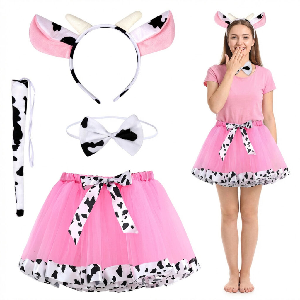 Cow Costume 4-Piece Set – Complete Costume Set With Polka-dot Skirts For Carnival, Halloween, And Parties – Party Accessory Set