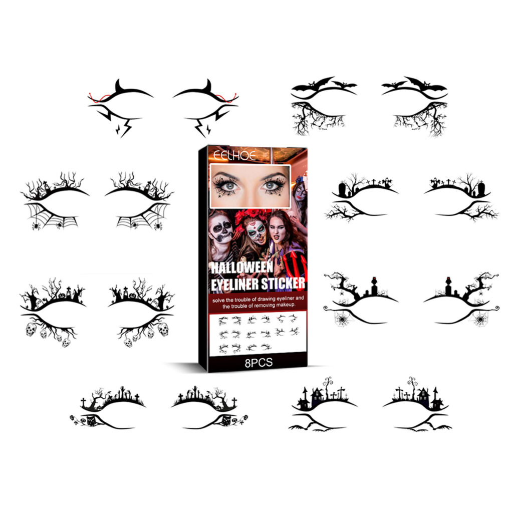 Halloween Eyeliner Stickers, 8 Pairs PET Eye Liner Temporary Tattoo Stickers, Reusable Eye Makeup Decals For Halloween Party Cosplay