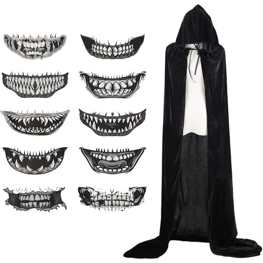 Black Death Cloak Set, 2-Piece Gothic Costume With Cape & Spooky Tattoos, Dark Messenger Of Death Look For Halloween, Carnival, And Cosplay, Horror Cape Set—Party Accessory Set