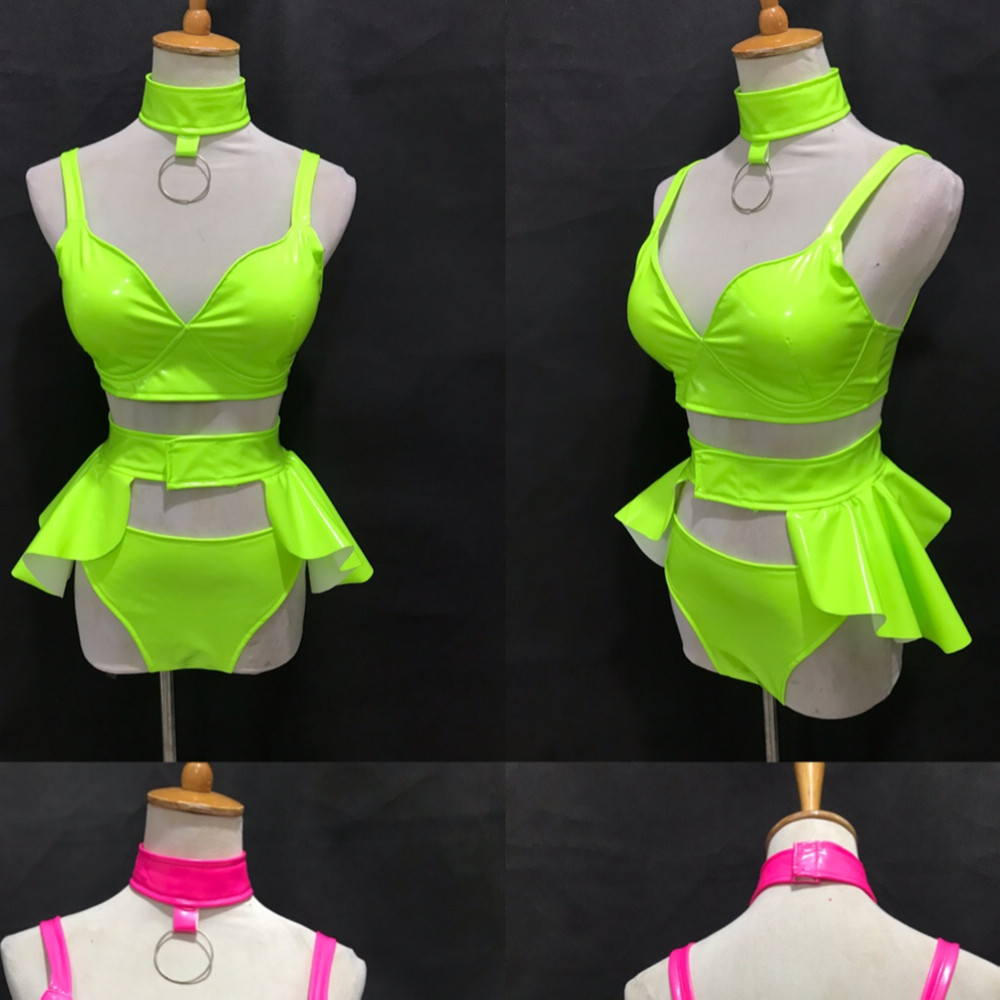 Bar Costume Sexy Fluorescent Elastic Patent Leather Dress