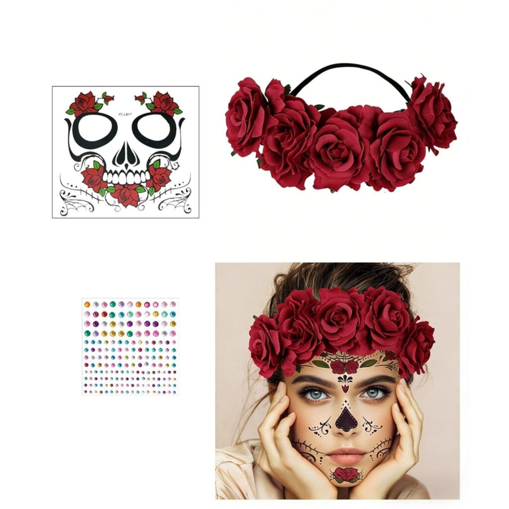 Day Of The Dead Headband (1 Piece), Rosary Headband With Skull Motif, Black Flower Wreath For Dia De Los Muertos Costume, Ideal For Halloween And Theme Parties—Party Decorations