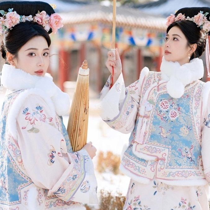 Women's Han Chinese Clothing Qing Dynasty Printed Ancient Costume Qing Dynasty Yanji Princess Cheongsam Court Princess Dress Two-piece Set - Image 10