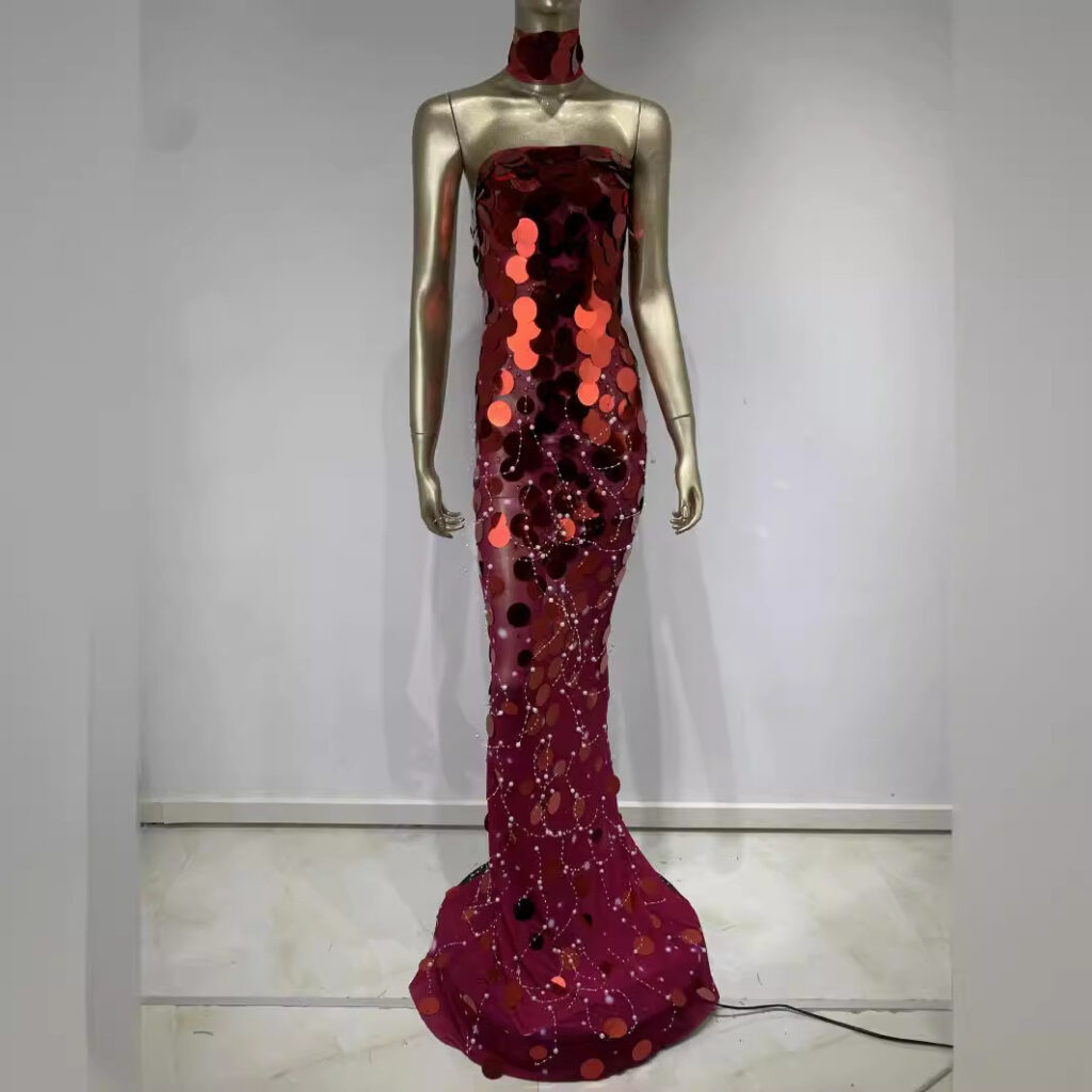 Tube Top Dress Sequined Banquet Evening Gown Mopping Floor Stage Costume