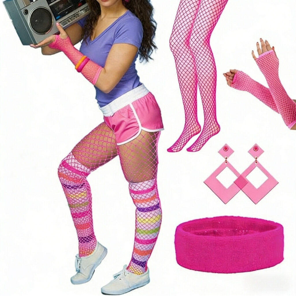 5-piece Fluorescent Pink Women's Outfit In 80s Style, Retro Cosplay Set With Accessories, '80s Party Costume For Carnival & Theme Parties, Neon Outfit For Women—party Accessory Set