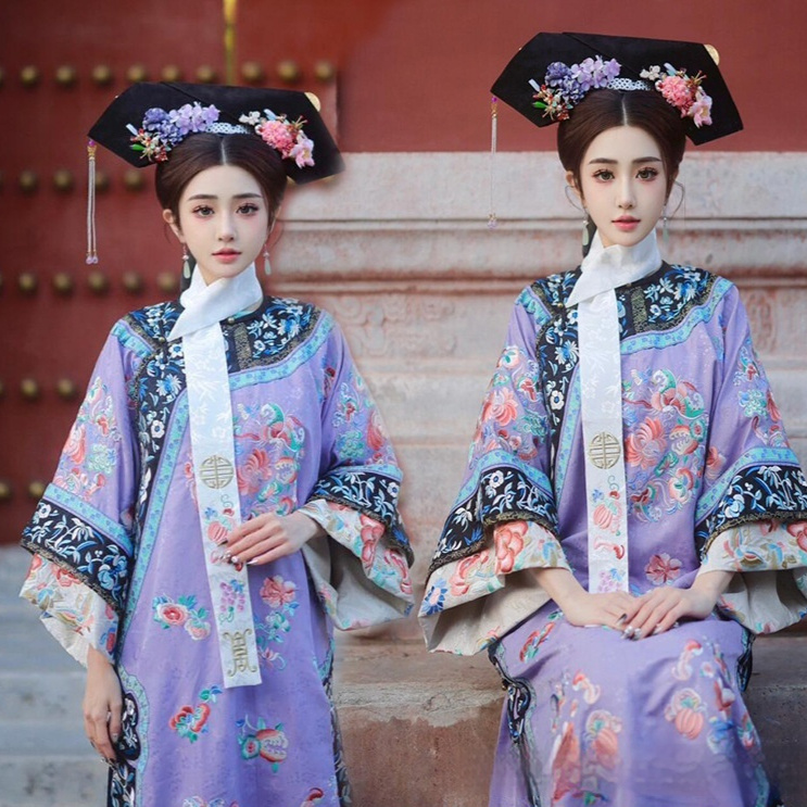 Women's Han Chinese Clothing Qing Dynasty Printed Ancient Costume Qing Dynasty Yanji Princess Cheongsam Court Princess Dress Two-piece Set - Image 9