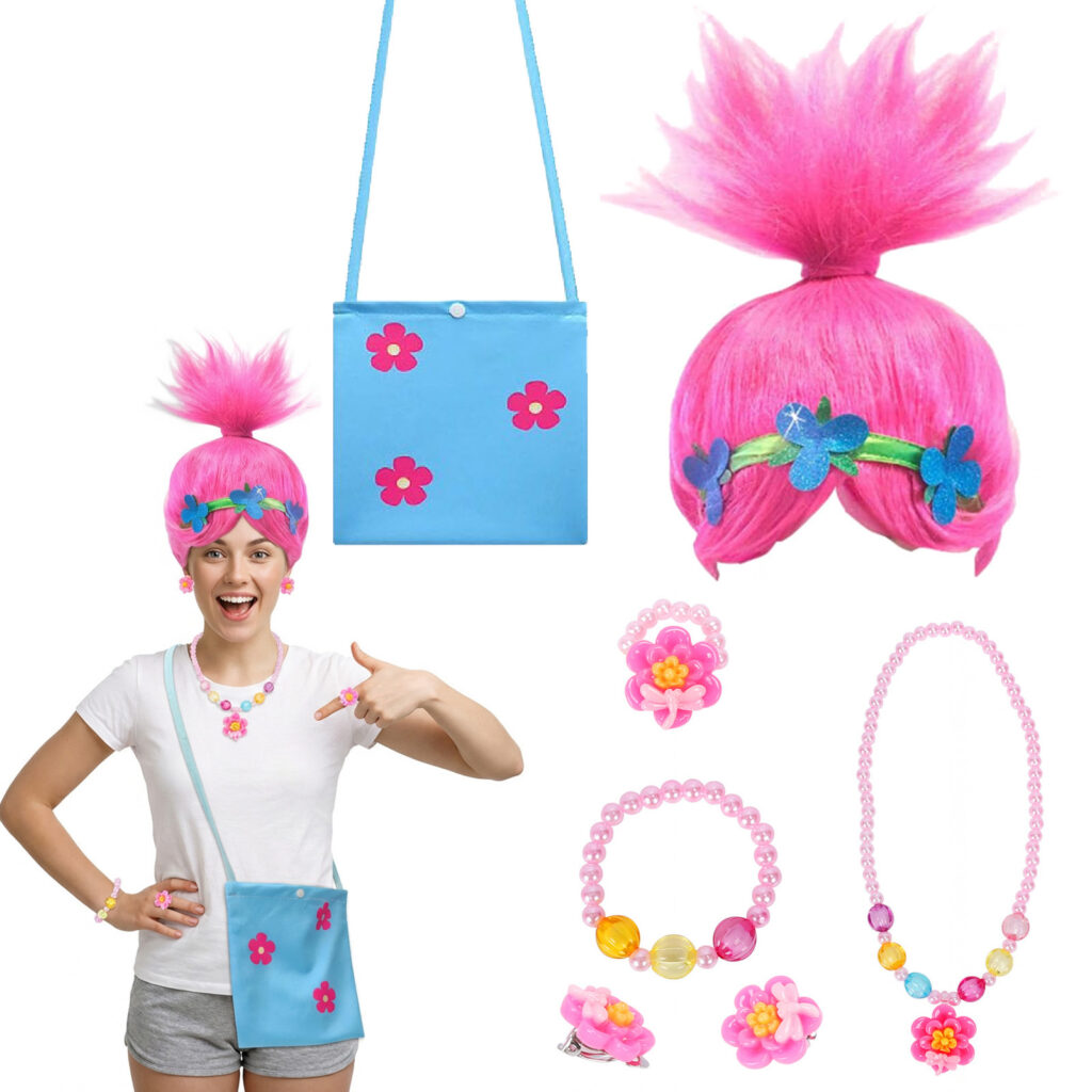 Women's Troll Costume Set With Wig And Bag, Colorful Troll Costume For Women, Playful Halloween Costume With Troll Emblem Party Accessory Set