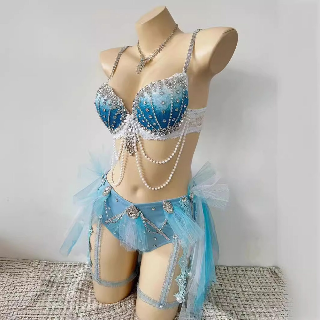 Sky Blue Gathered Pearl Tassel Costume