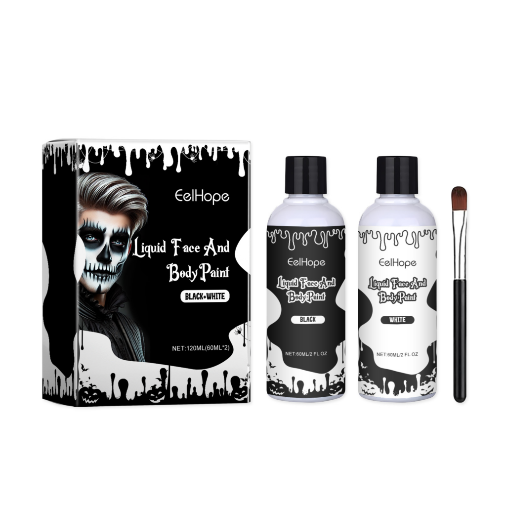 Halloween Black White Liquid Face Body Paint, Quick Dry Face Painting Kit With Brush, Long Lasting Face Paint For Halloween Skeleton Cosplay Party