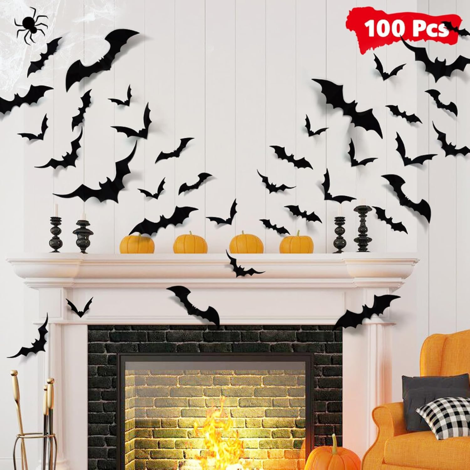 100Pcs Halloween Bat Wall Decor Stickers - 3D Black PVC Bat Decals For Spooky Indoor & Outdoor Party Decor