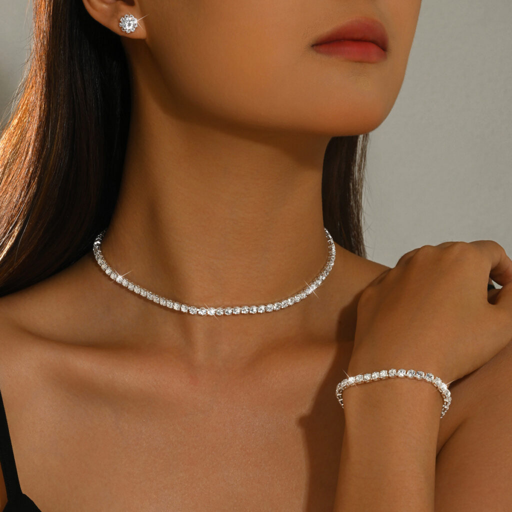 Women 3 Pcs Silver Tone Tennis Rhinestone Jewelry Set,Choker Necklace Stud Earrings Bracelet,Classic Costume Accessories For Daily Wedding Banquet Party Occasion