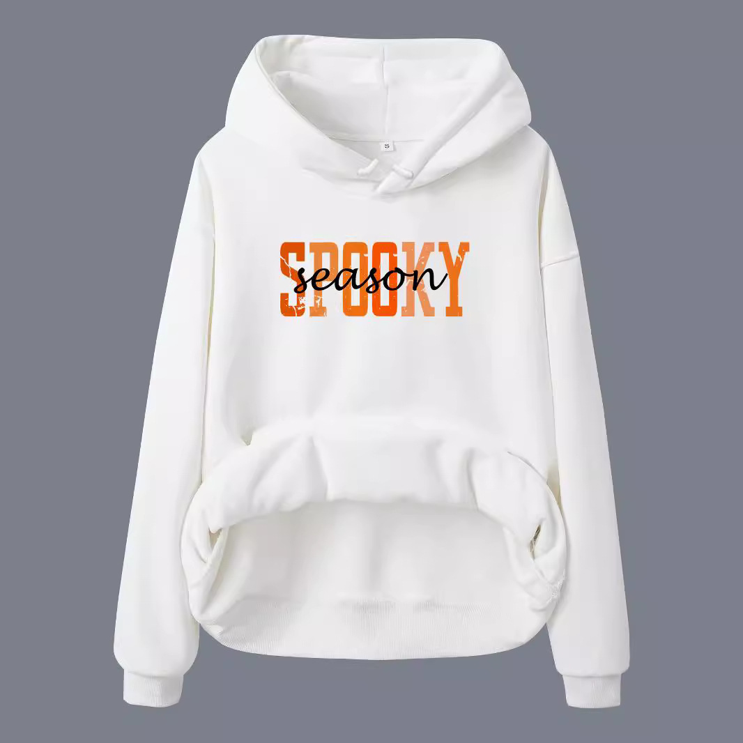 Hooded long sleeved fleece sweatshirt top with SPOOKY print - Image 2
