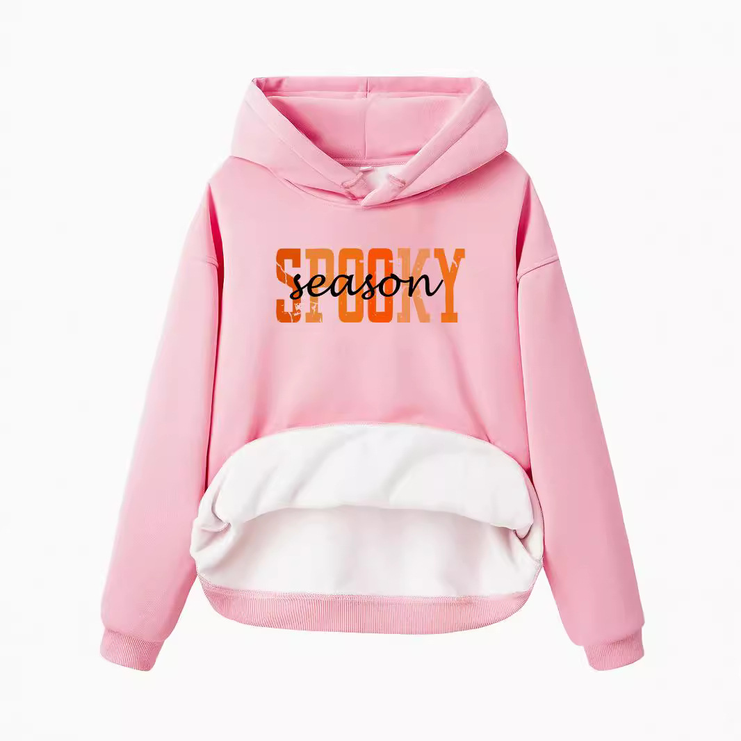 Hooded long sleeved fleece sweatshirt top with SPOOKY print