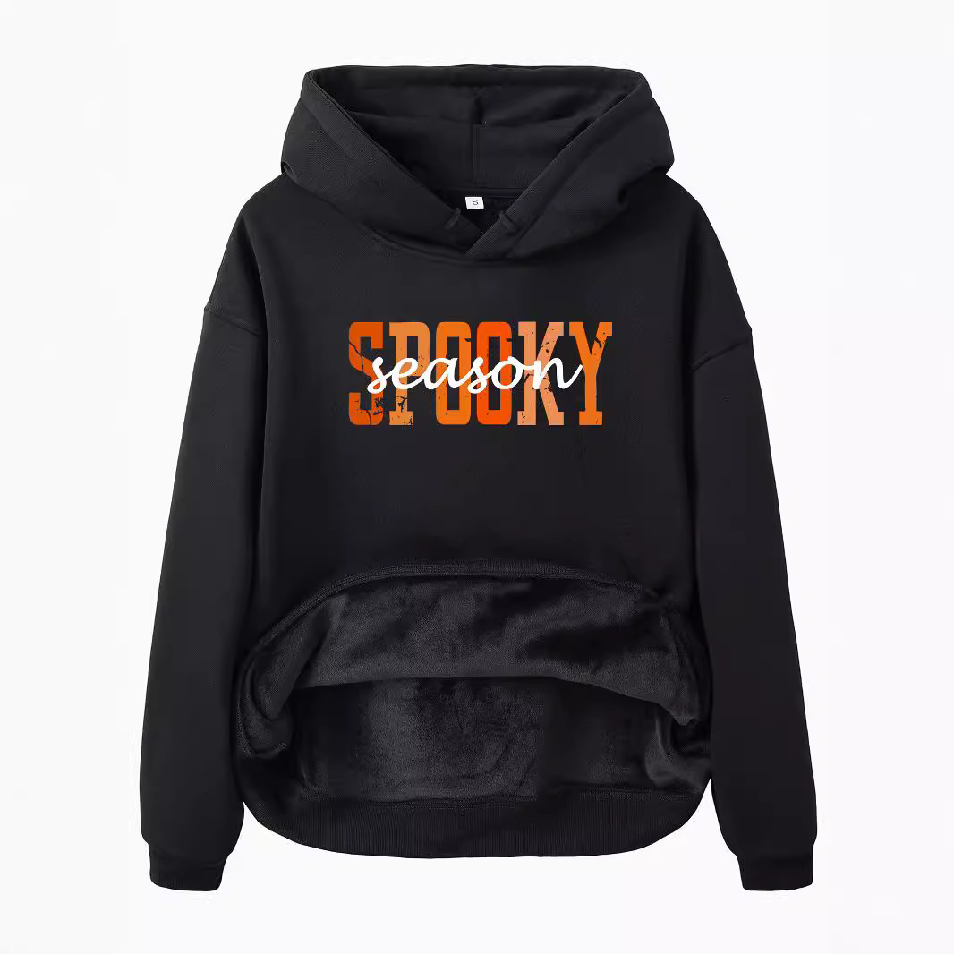 Hooded long sleeved fleece sweatshirt top with SPOOKY print - Image 3