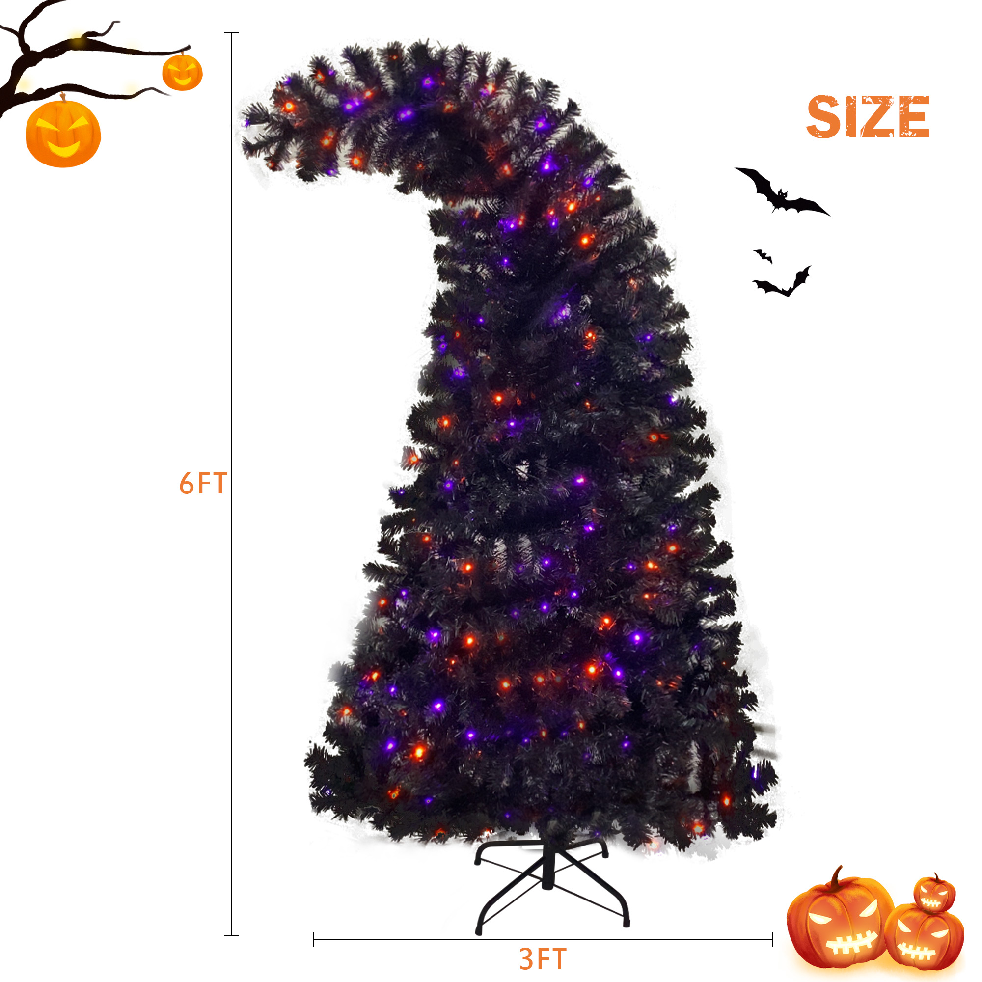 6FT artificial fir curved top Halloween tree, with 1080 lush branch tips and 300 LED lights in a Christmas and Halloween style - Image 13