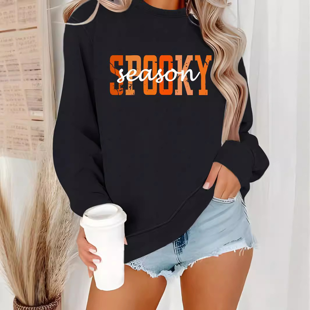 Long sleeved round neck SPOOKY printed pullover sweatshirt sweatshirt - Image 5