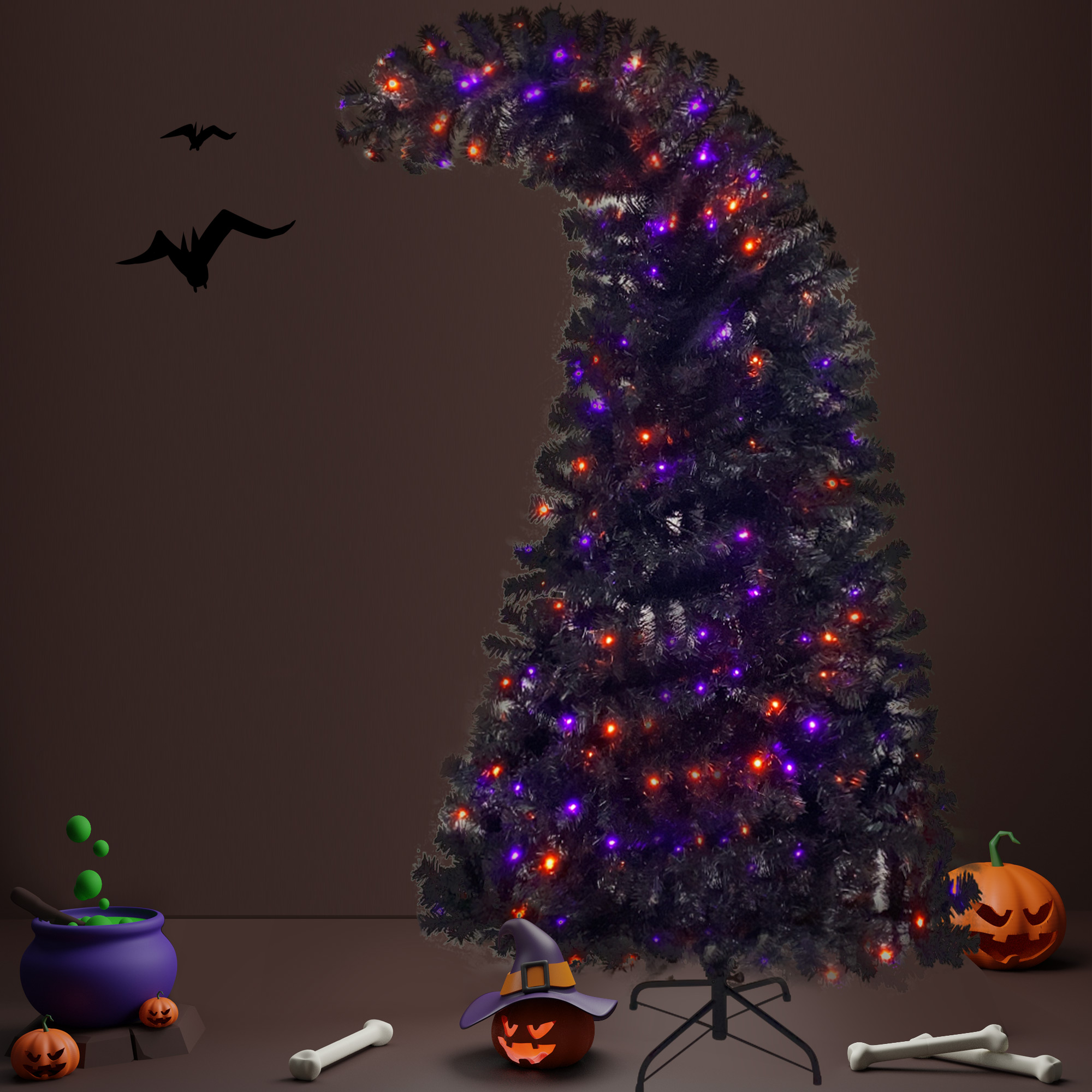 6FT artificial fir curved top Halloween tree, with 1080 lush branch tips and 300 LED lights in a Christmas and Halloween style - Image 16