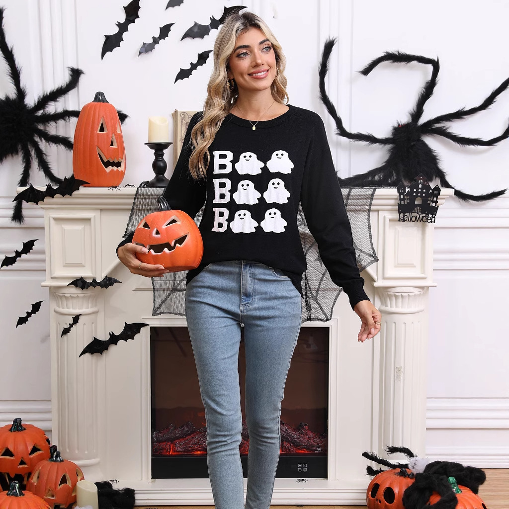 Halloween embroidery casual round neck long sleeved top with Halloween elements - Image 5
