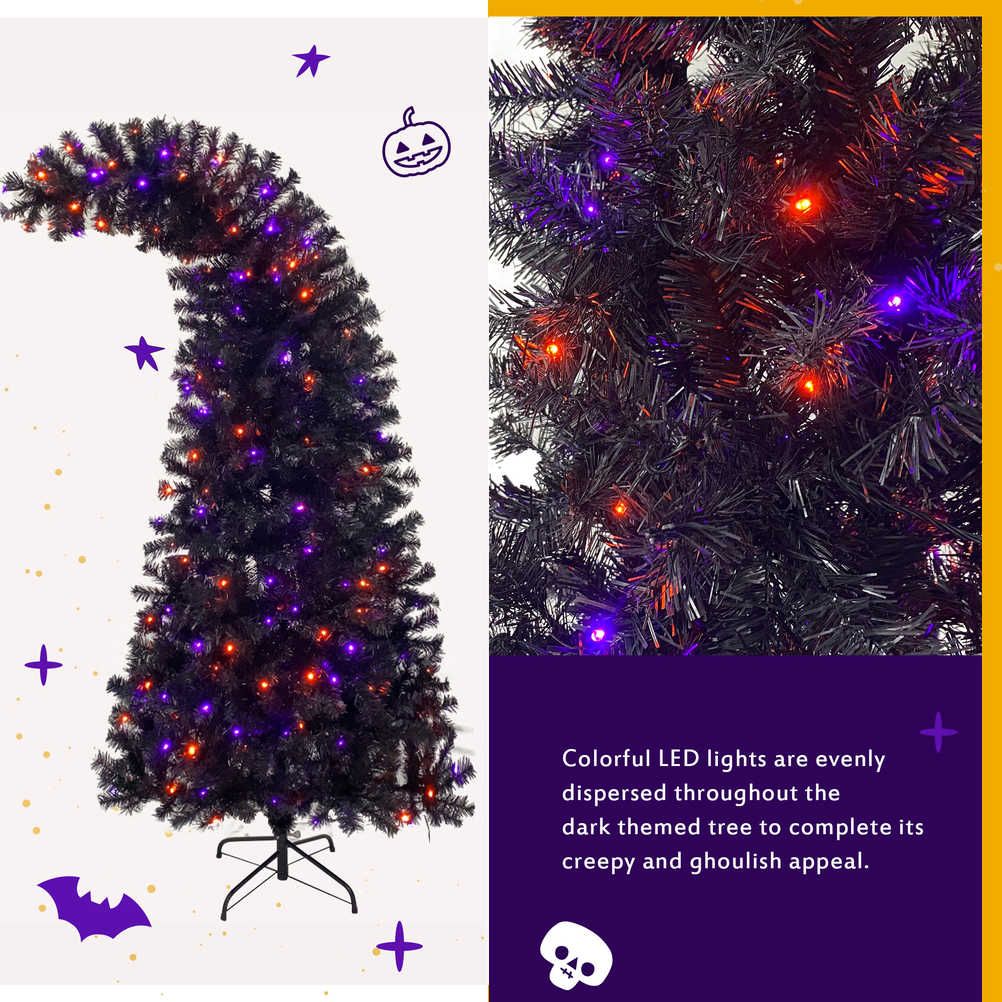 6FT artificial fir curved top Halloween tree, with 1080 lush branch tips and 300 LED lights in a Christmas and Halloween style - Image 19