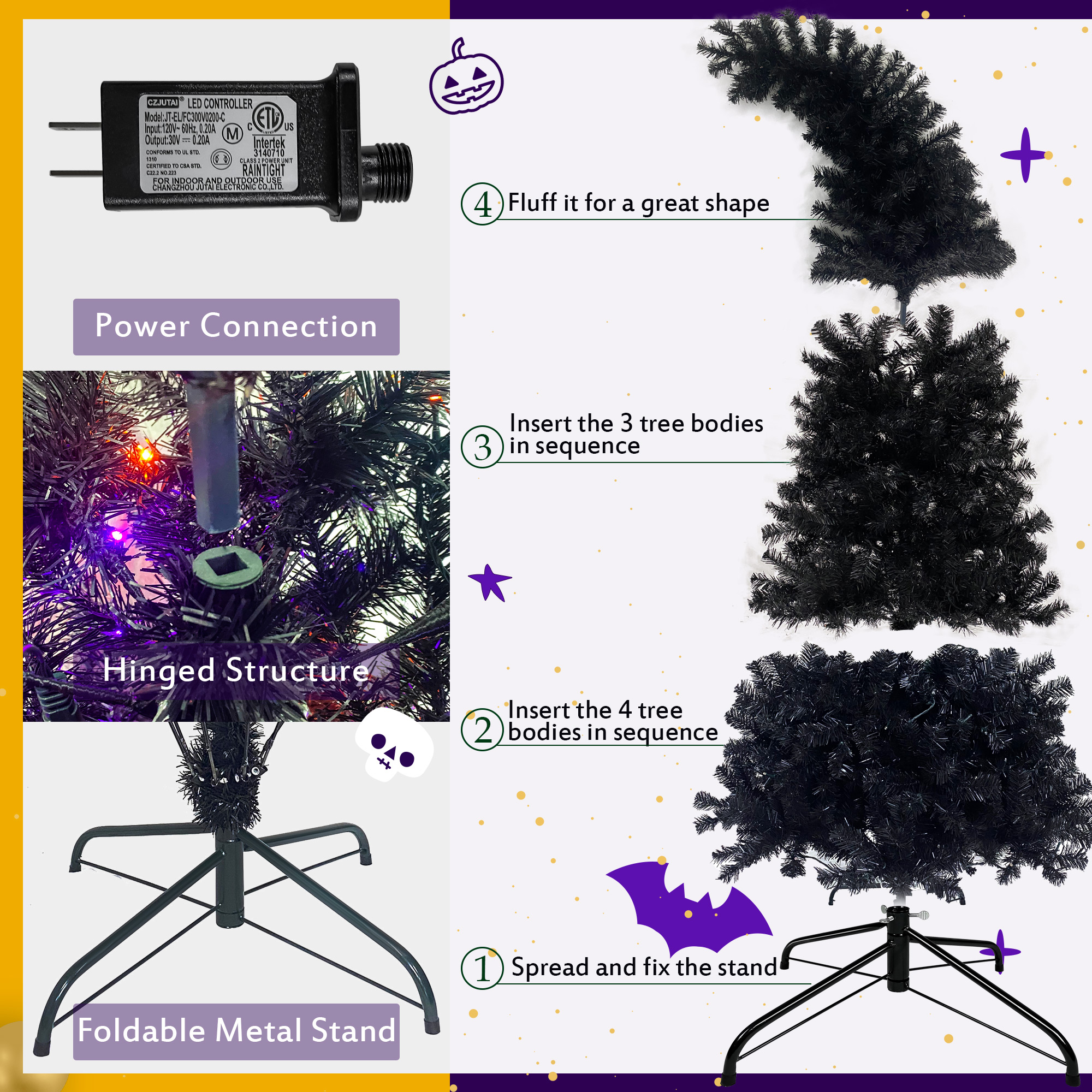 6FT artificial fir curved top Halloween tree, with 1080 lush branch tips and 300 LED lights in a Christmas and Halloween style - Image 8