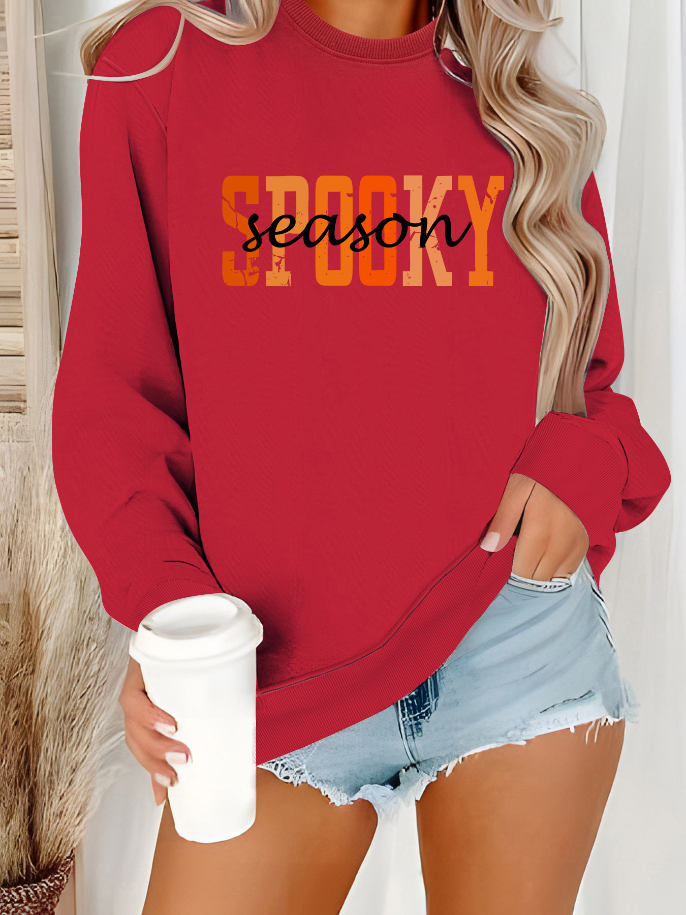 Long sleeved round neck SPOOKY printed pullover sweatshirt sweatshirt - Image 9