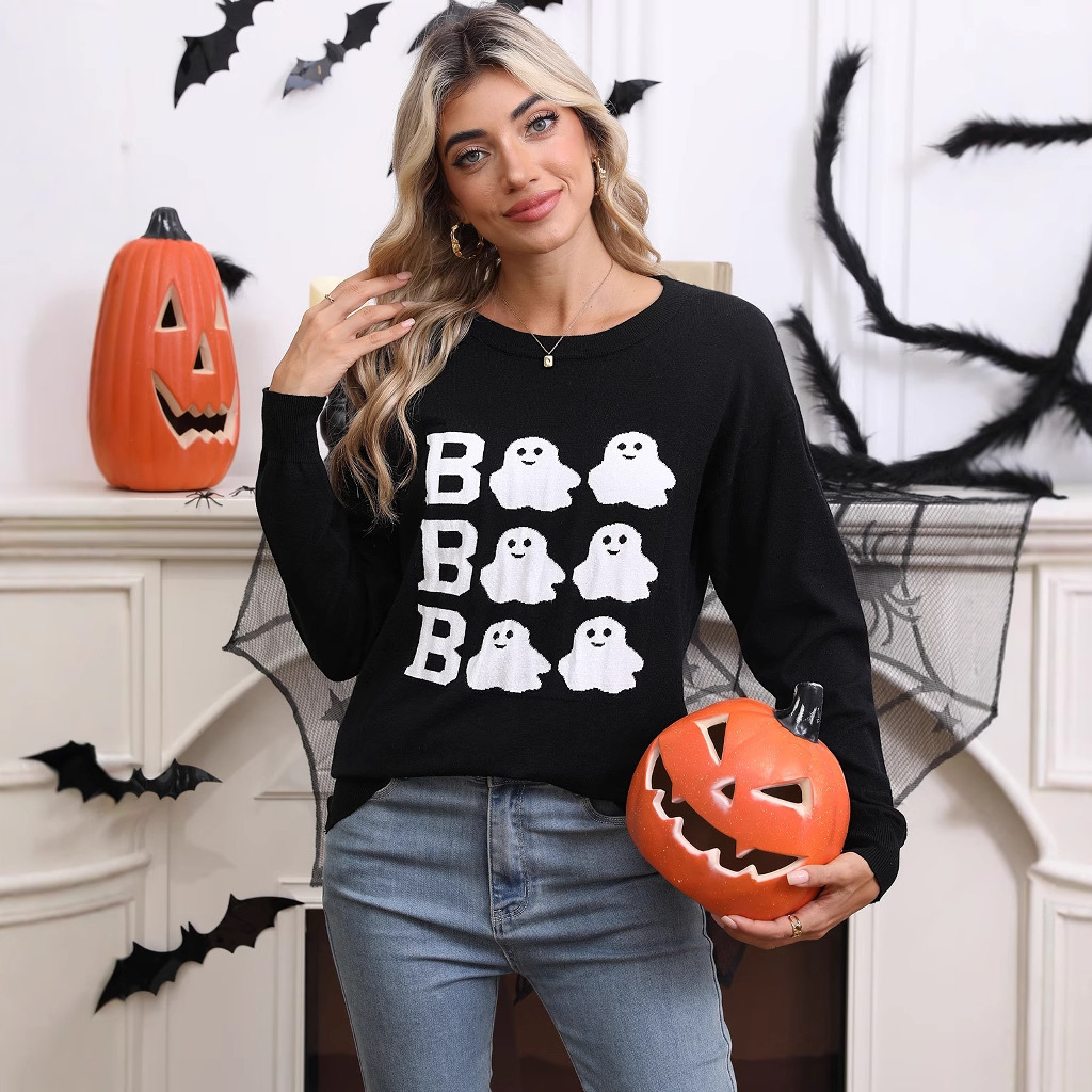 Halloween embroidery casual round neck long sleeved top with Halloween elements - Image 3