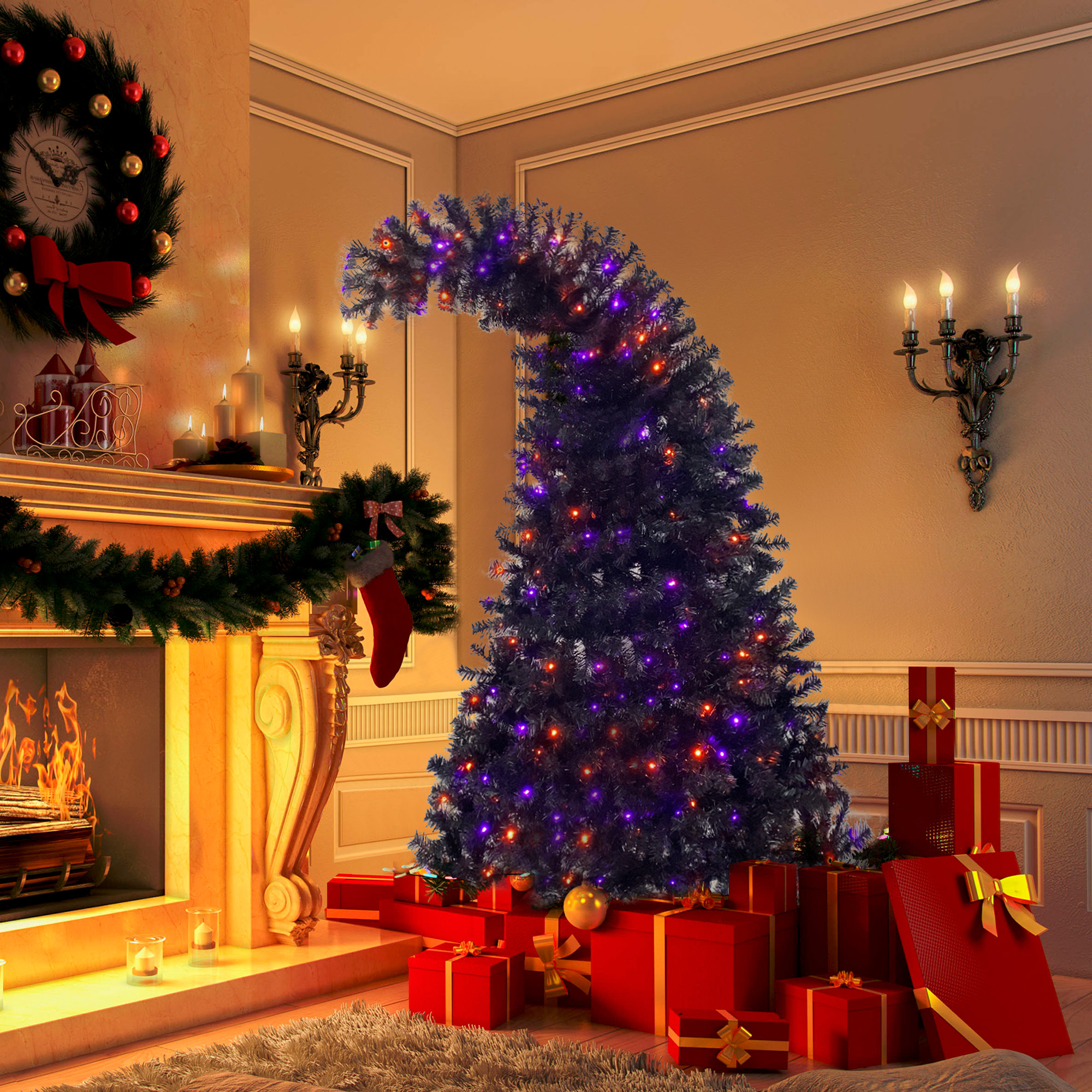 6FT artificial fir curved top Halloween tree, with 1080 lush branch tips and 300 LED lights in a Christmas and Halloween style - Image 3
